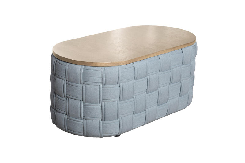 HomeRoots 41" Natural and Blue Wood And Woven Fabric Oval Coffee Table