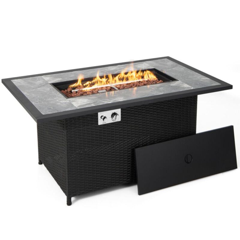 Hivvago 52 Inch Rattan Wicker Propane Fire Pit Table with Rain Cover and Lava Rock-Black