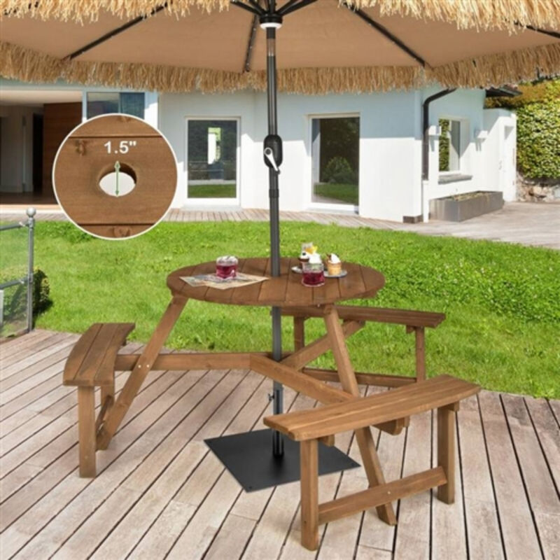 Outdoor Solid Wood Round Dining Table Set with Umbrella Hole and 3 Benches