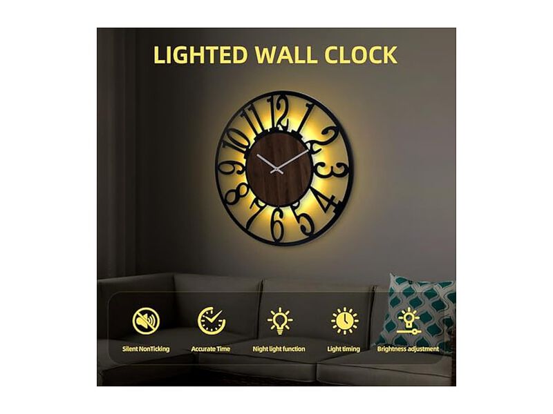Lighted Rustic Wood Remote Timer Farmhouse Wall Clock Silent Battery Operated image number 3