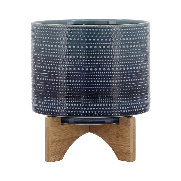 8" Dotted Planter with Wood Stand, Blue