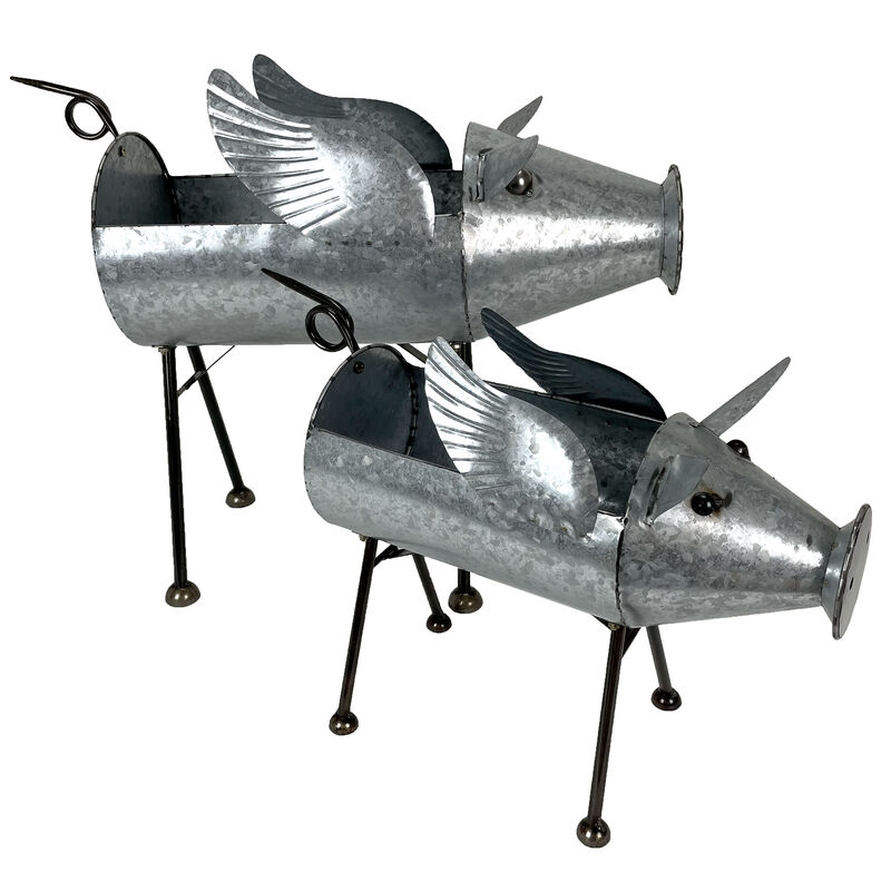 Set of 2 Flying Pig Planters - Distressed Metal - Whimsical Farmhouse Decor image number 0