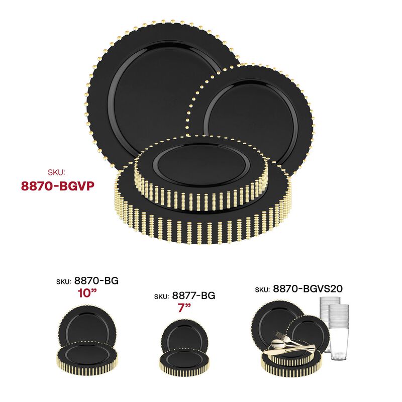 Black with Gold Pearl String Round Plastic Dinnerware Value Set (60 Sets) image number 6