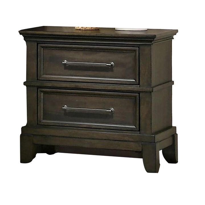 Ston 26 Inch Nightstand, 2 Drawers, Pewter Handles, Crown Mold, Wood, Gray - Benzara