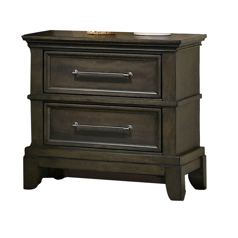 Ston 26 Inch Nightstand, 2 Drawers, Pewter Handles, Crown Mold, Wood, Gray - Benzara