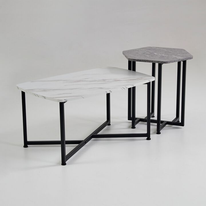 Shy Coffee and End Table Set of 2, White Geometric Top, Gray, Black Steel - Benzara