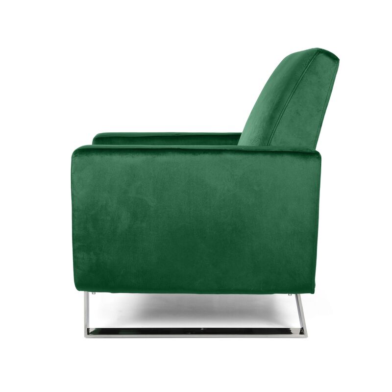 Reki Recliner Chair, Manual Push Back, Stainless Steel, Green Velvet - Benzara