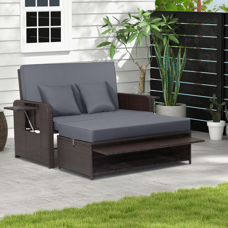 Patio Rattan Daybed with 4-Level Adjustable Backrest and Retractable Side Tray