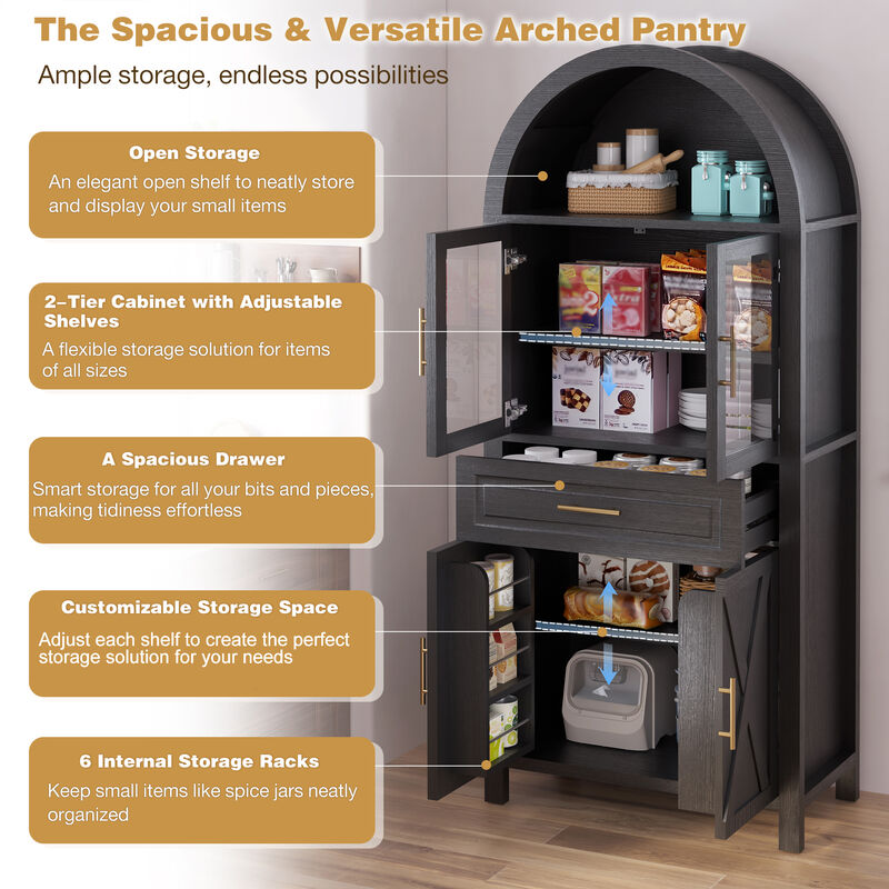 Merax Farmhouse Arched Glass Barn Door Pantry Cabinet - Adjustable Shelves & Built-In Racks image number 4