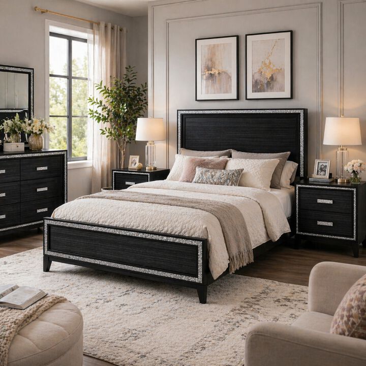 Queen Size Bedroom Set, Black Finish, 3-Piece Set with Bed and Two Nightstands
