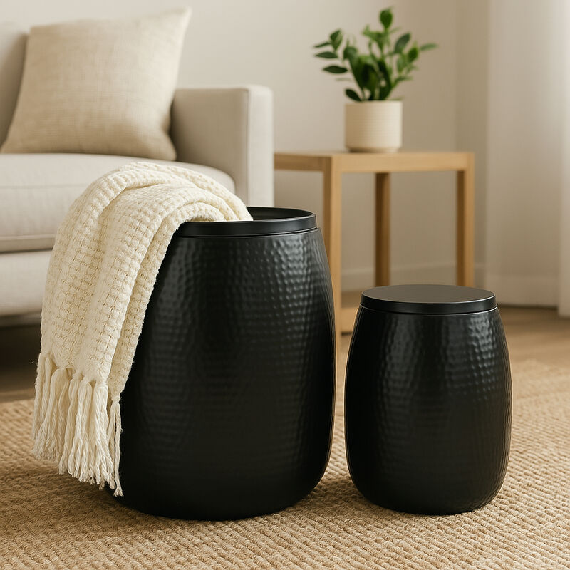 Merida Modern Rustic Hammered Metal Drum Storage Side Table with Lid