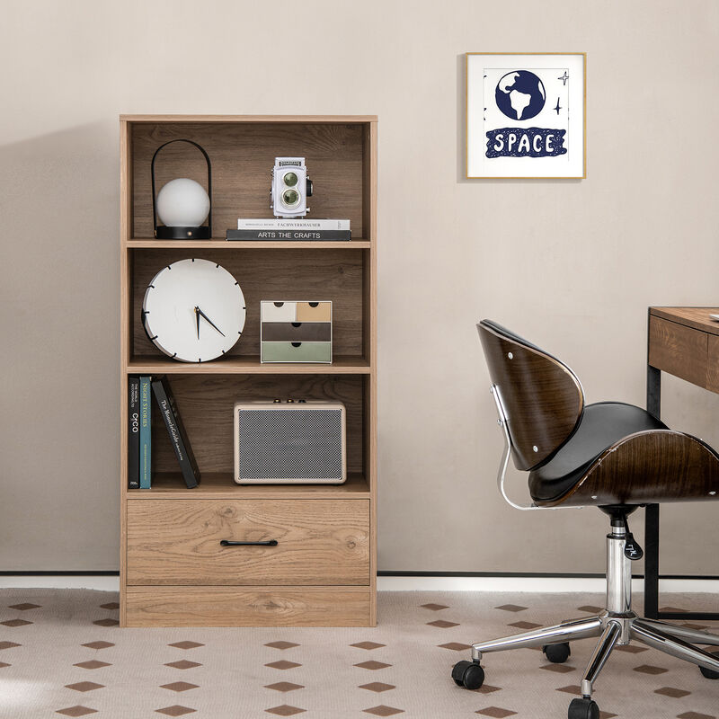 4 Tiers Wood Bookcase with Drawer