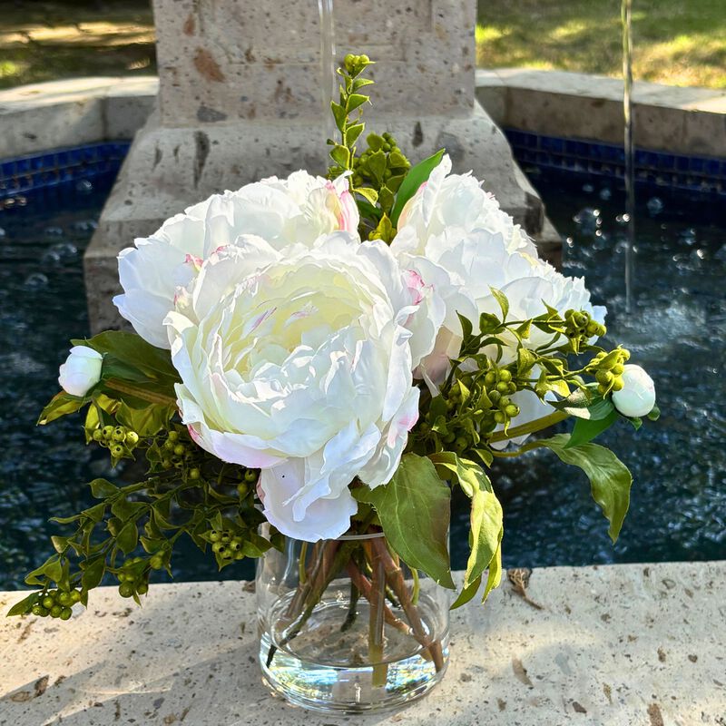 Faux peony arrangement in glass vase - 10"