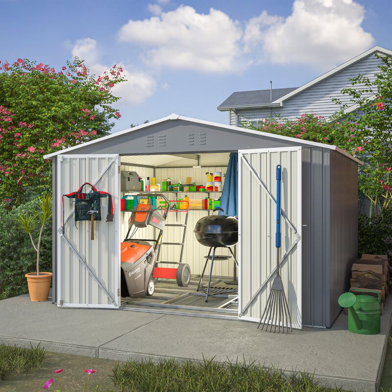 10FT x 8FT Outdoor Tool Storage Shed With Metal Foundation & Lockable Doors, All Weather Metal Sheds image number 2