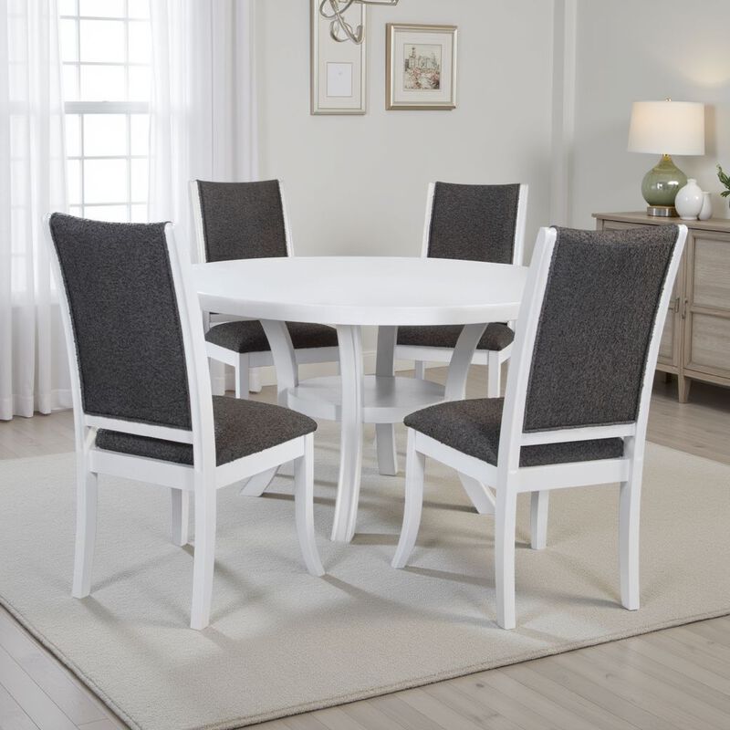 Judy 5pc Round Dining Table Set, Flared Legs, Gray Fabric, White Wood - Benzara