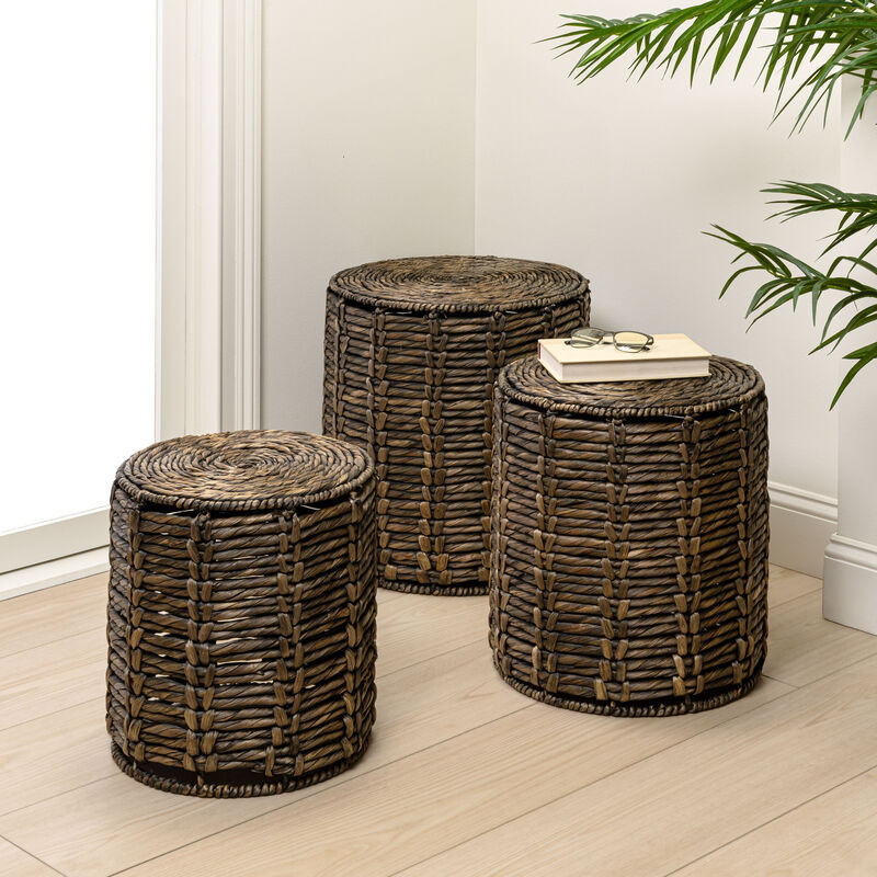 Zaria Coastal Bohemian Handwoven Water Hyacinth Nesting Round Accent Table (Set of 3) image number 1