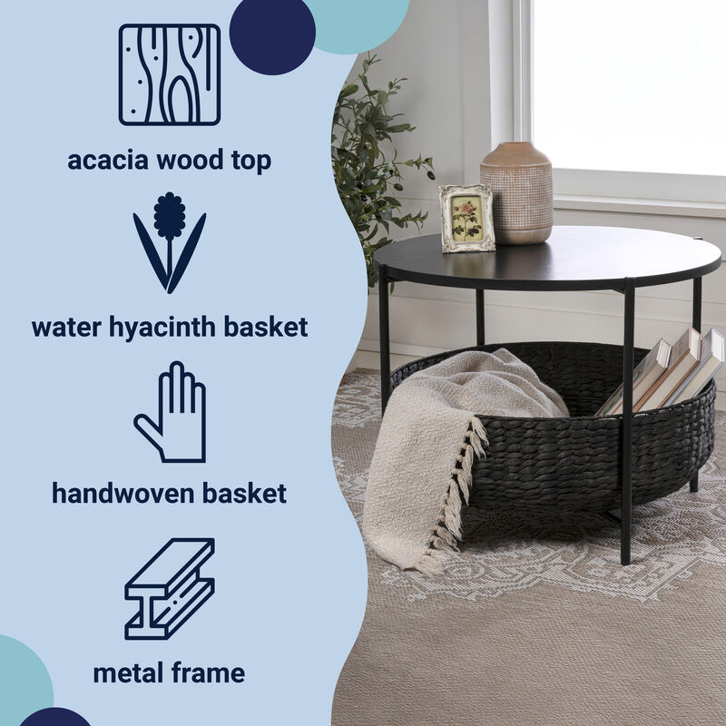 Carly 24.21" Modern Coastal Round Acacia Wood/Water Hyacinth Coffee Table with Storage Basket