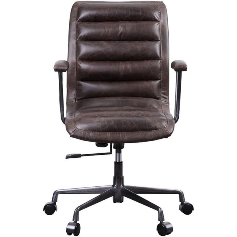 Tufted Leatherette Office Chair with Adjustable Metal Base and Padded Armrest, Brown and Gray image number 2