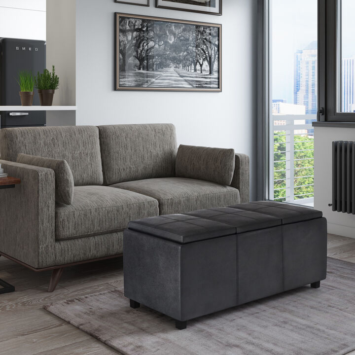 Avalon 42 inch Wide Contemporary Rectangle Storage Ottoman in Distressed Black Vegan Faux Leather, Assembled