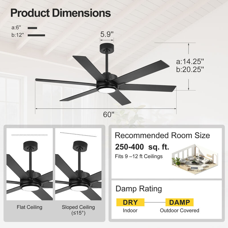 Breezary 60 in Ceiling Fan with Light, 6 Black Walnut Plywood Blades, Dimmable Acrylic Shade, Quiet DC Motor image number 5