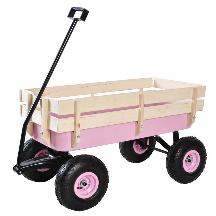 Outdoor Wagon All Terrain Pulling w/Wood Railing Air Tires Children Kid Garden