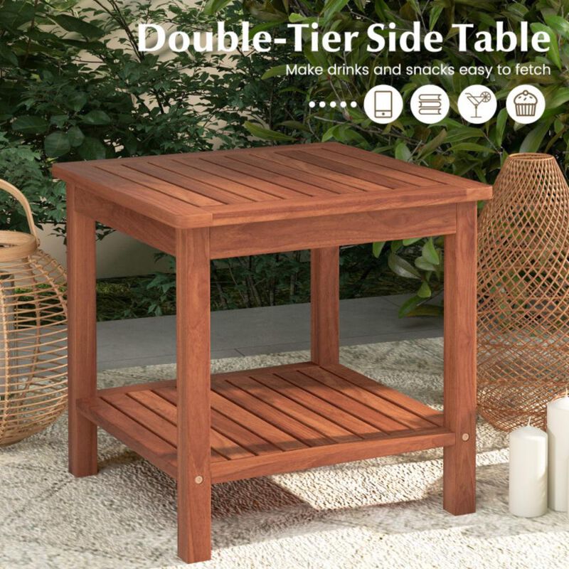 Set of 2 Double-Tier Patio Side Tables with Slatted Top and Lower Shelf for Outdoor Use