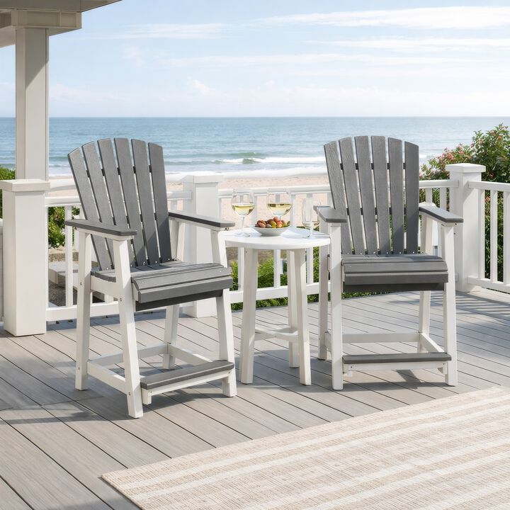 24 Inch Counter Stool Armchair Set of 2, Outdoor Slatted, Gray, White - Benzara