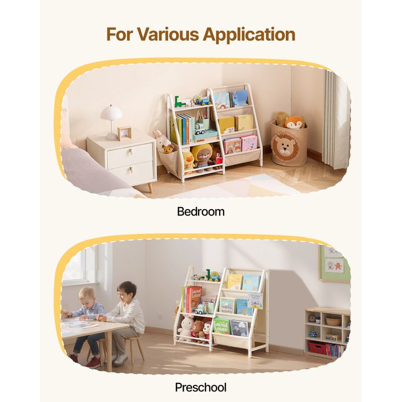 3-Tier White Kids Bookshelf with Sling Book Rack and Toy Storage Organizer image number 5
