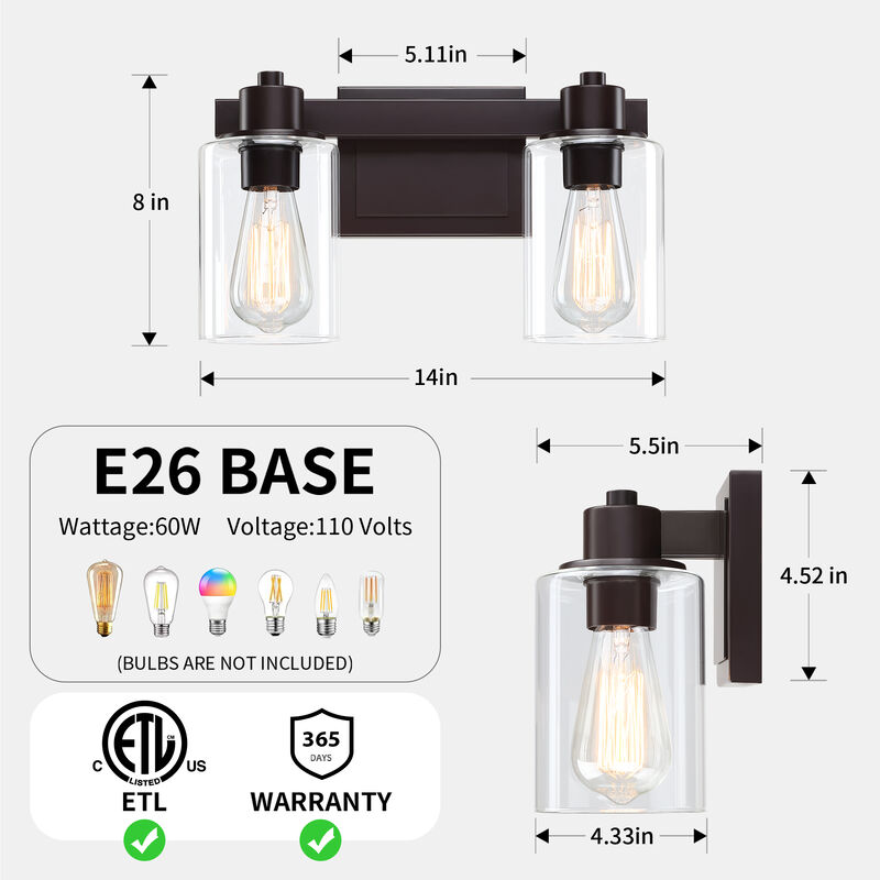 14" 2-Light Dimmable Indoor Wall Sconce with Clear Glass Shades image number 2