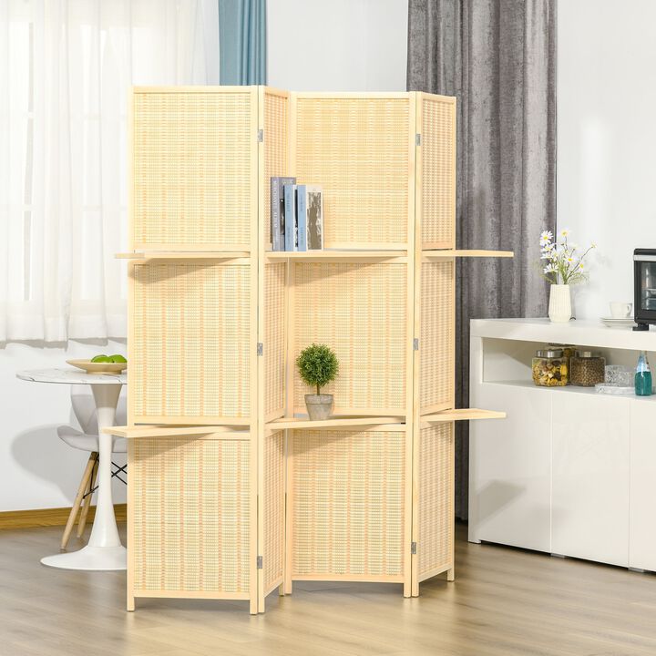 Natural Wood Divider: 4-Panel Bamboo Room Screen with Display Shelves