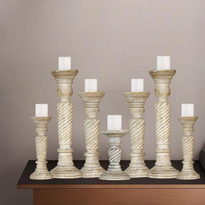 Traditional Antique White Eco-friendly Handmade Mango Wood Set Of Seven 15",12",9",6",9",12" & 15" Pillar Candle Holder BBH Homes