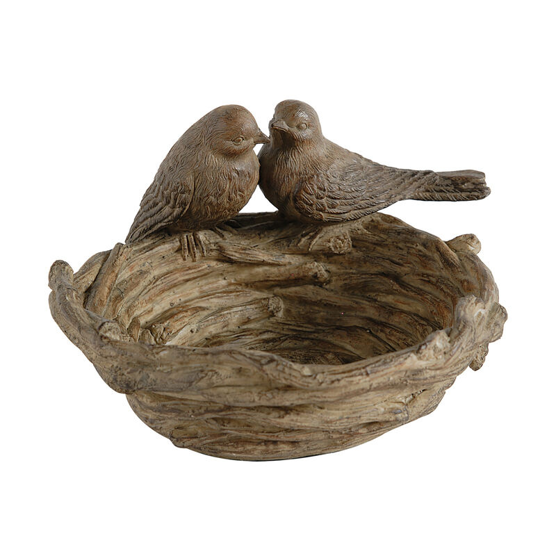 9 Inch Handcrafted Accent Table Bowl, Resin, Lovebirds Nest, Natural Brown - Benzara image number 0