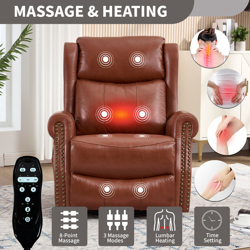 Genuine leather Heat Massage Manual Recliner Chair with Rocker and Swivel for Living Room image number 3