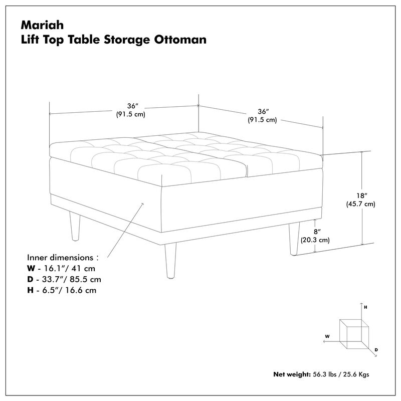 Mariah 36 inch Wide Contemporary Rectangle Lift Top Table Storage Ottoman in Midnight Black PU Black faux leather, Assembled