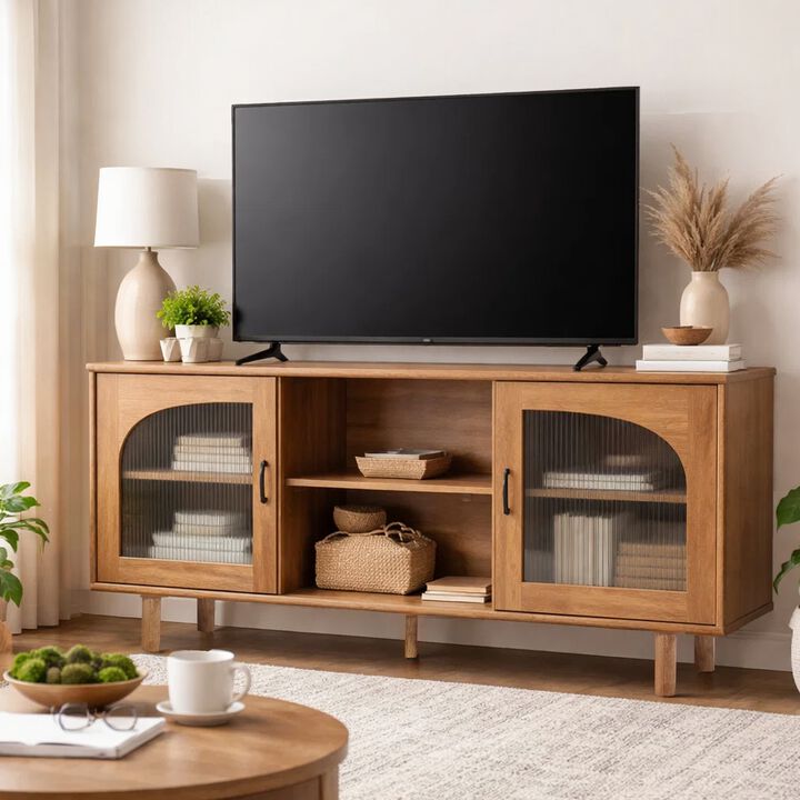 64 Inch TV Stand Console, 2 Arch Glass Door Cabinets & Shelves, Walnut Brown Mango Wood