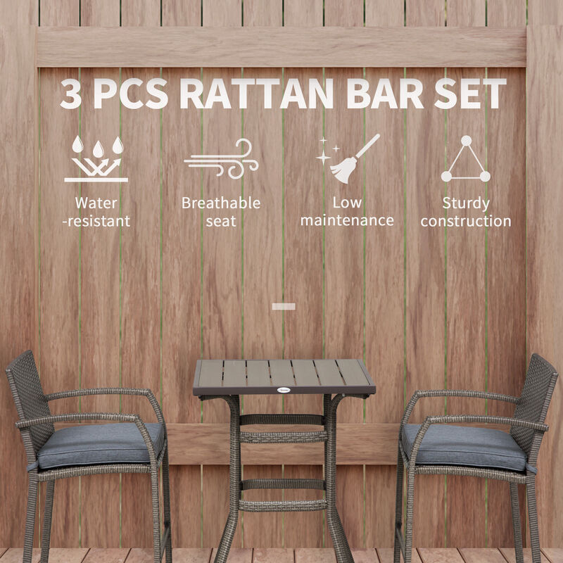 Outsunny 3 PCS Rattan Wicker Bar Set with Wood Grain Top Table and 2 Bar Stools for Outdoor, Patio, Poolside, Garden, Brown