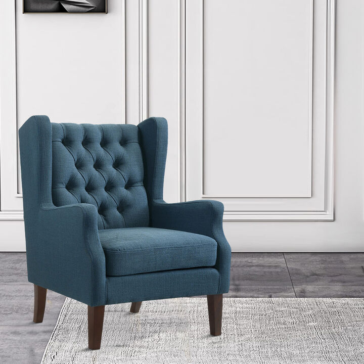 Keva 31 Inch Accent Chair, Deep Button Tufted Wingback, Smooth Blue Fabric-Benzara