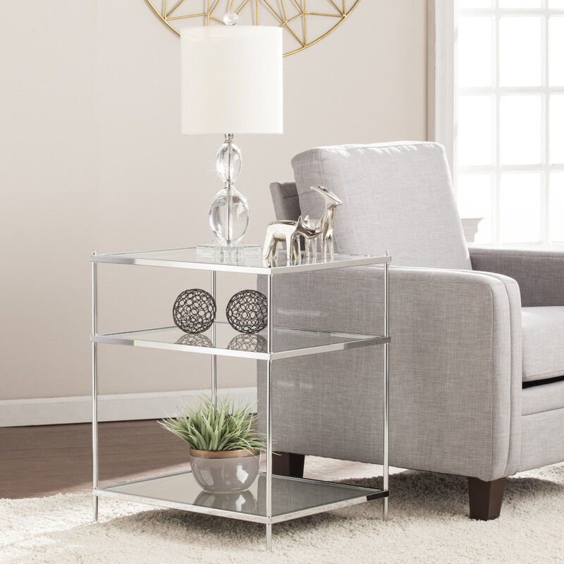Homezia 27" Chrome Glass And Iron Rectangular Mirrored End Table With Shelf image number 2