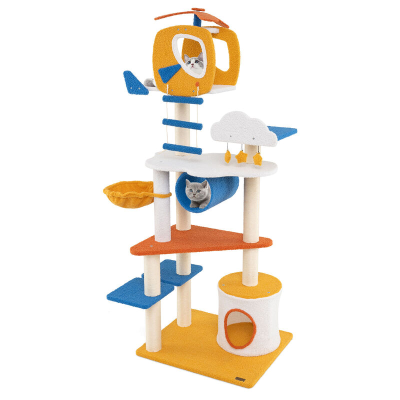 Tall Aviation-themed Cat Tree with Helicopter Top Perch and Platforms