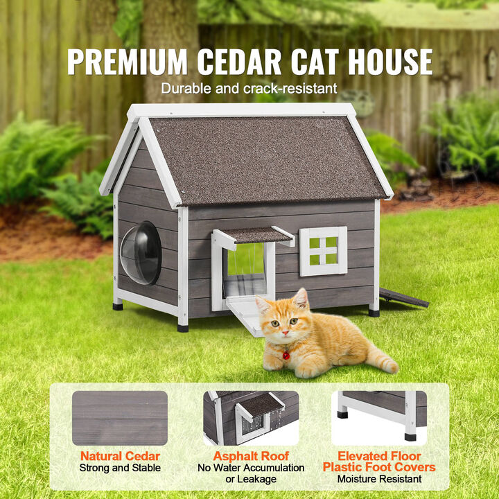 Outdoor Cat House Wooden Feral Cat Shelter with Roof Door Flaps & Window