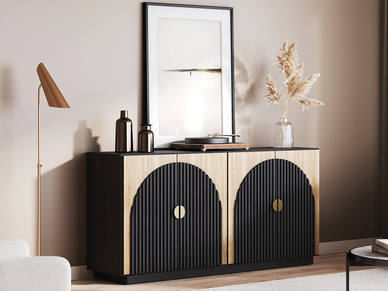 BELLEZE 65 Inch Fluted Buffet Cabinet with Storage, Symmetrical Arc Accent Sideboard Large Console Table for Dining Room, Kitchen, and Living Room (Camel)