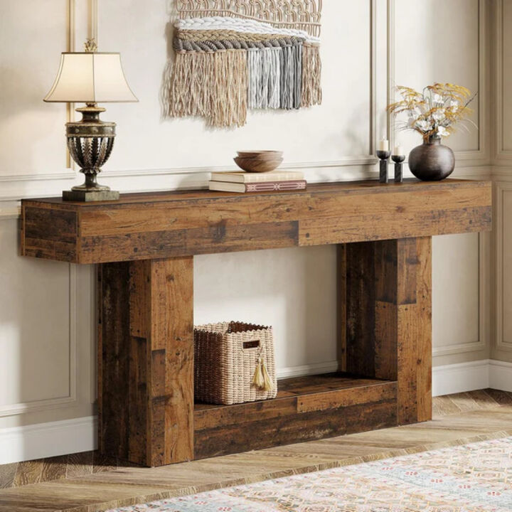 Farmhouse 63-Inch Wooden Console Table with 2-Tier Shelf for Entryway