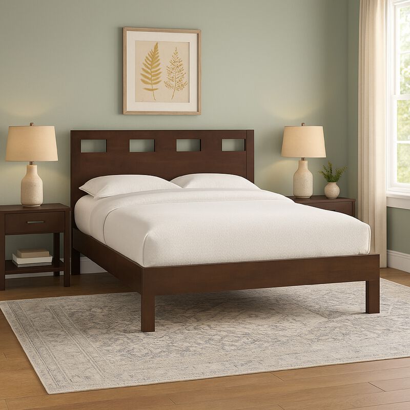 Yee King Size Bed, Cut Out Design Panel Headboard, Brown Mahogany Wood - Benzara