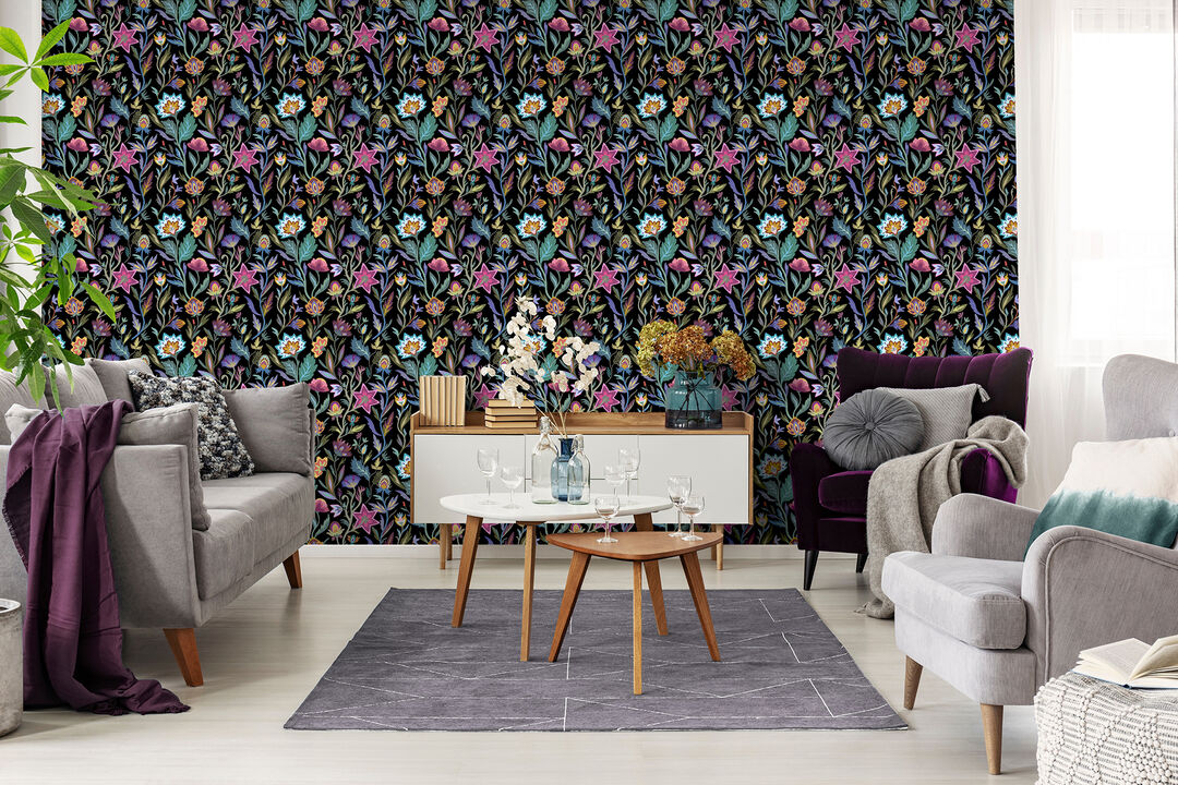 Mallory Black Vivid Floral Wallpaper (Set of 2)