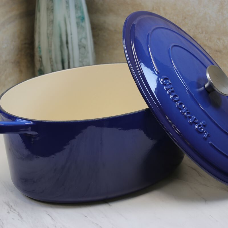 Crock Pot Artisan 7 Quart Enameled Cast Iron Oval Dutch Oven in Sapphire Blue