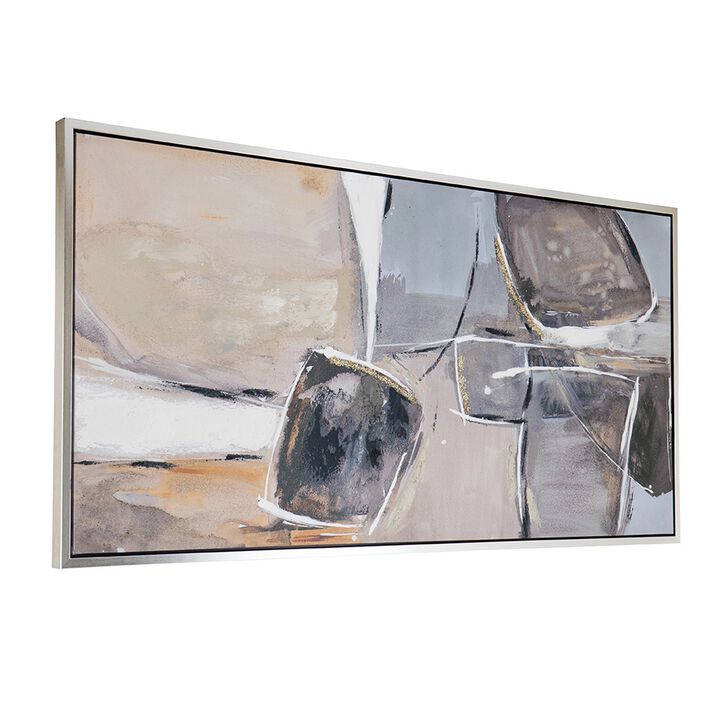 30 x 59  Abstract Oil Painting, Rectanglular Poly Canvas, Wood, Beige, Gray - Benzara
