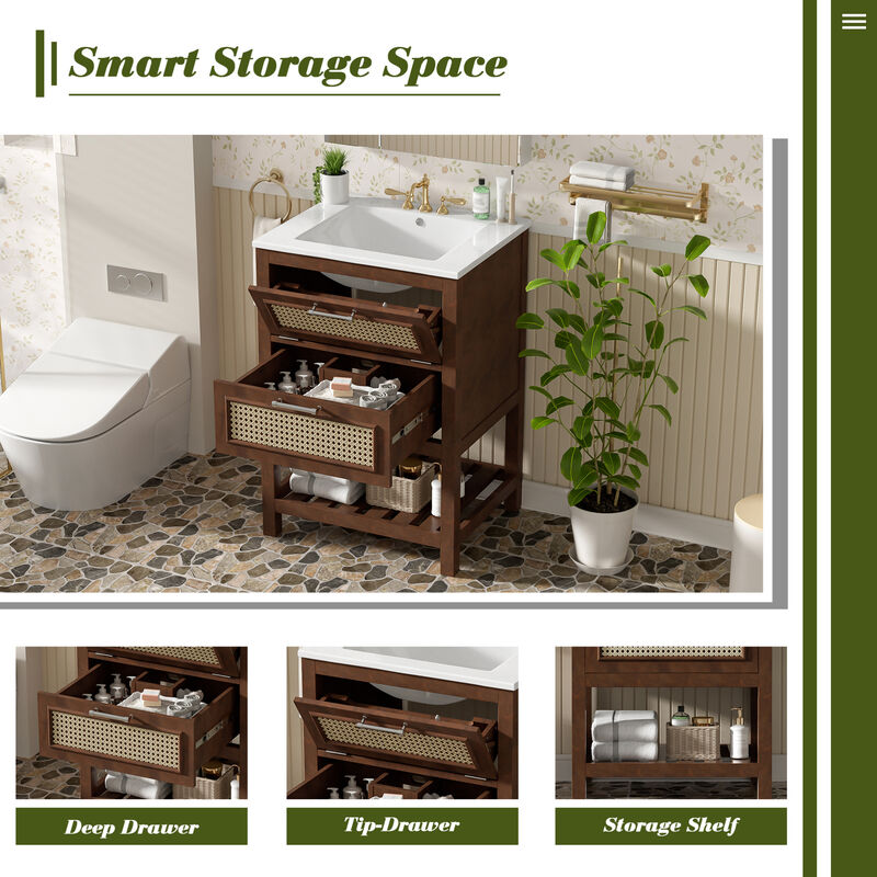 ELEMENT ACE 24 Inch Bathroom Vanity with Integrated Ceramic Sink, Deep & Tip-Out Storage Drawers, Space-Saving Modern Cabinet for Small Medium Restrooms image number 8