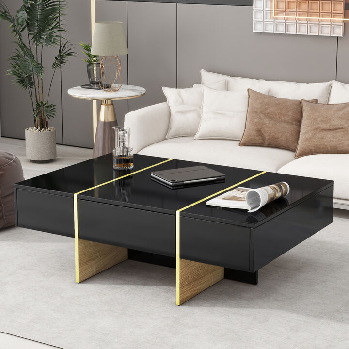 Merax Minimalist High Gloss Coffee Table with 2 Drawers