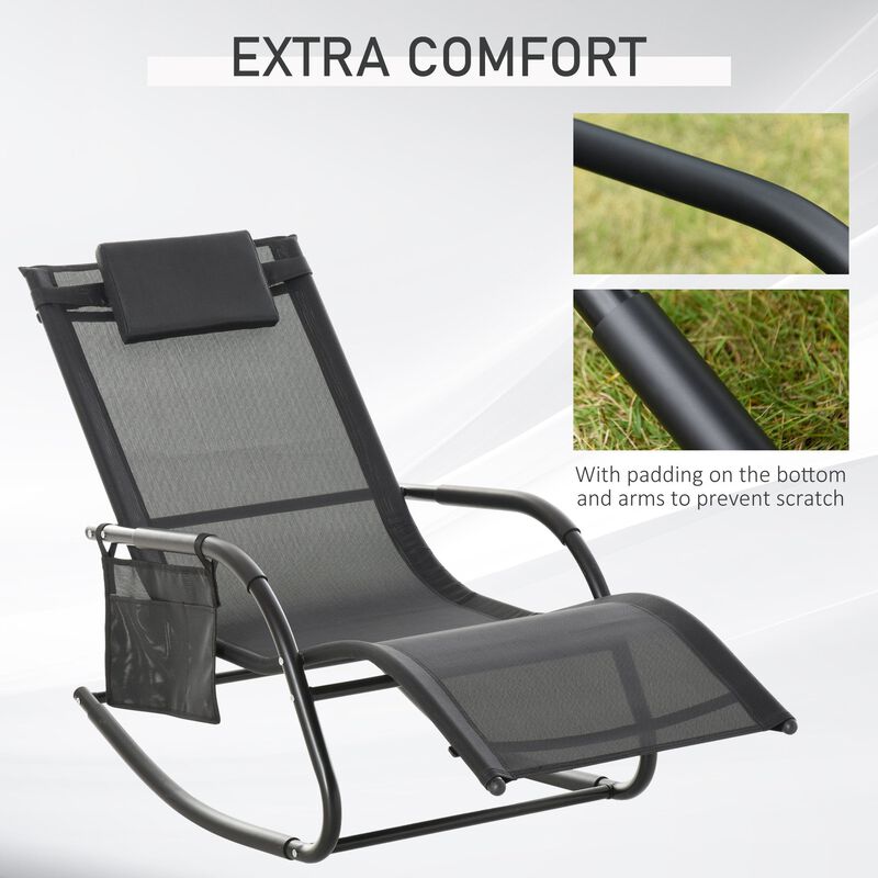 Black Outdoor Rocker: Patio Recliner Chair with Detachable Pillow