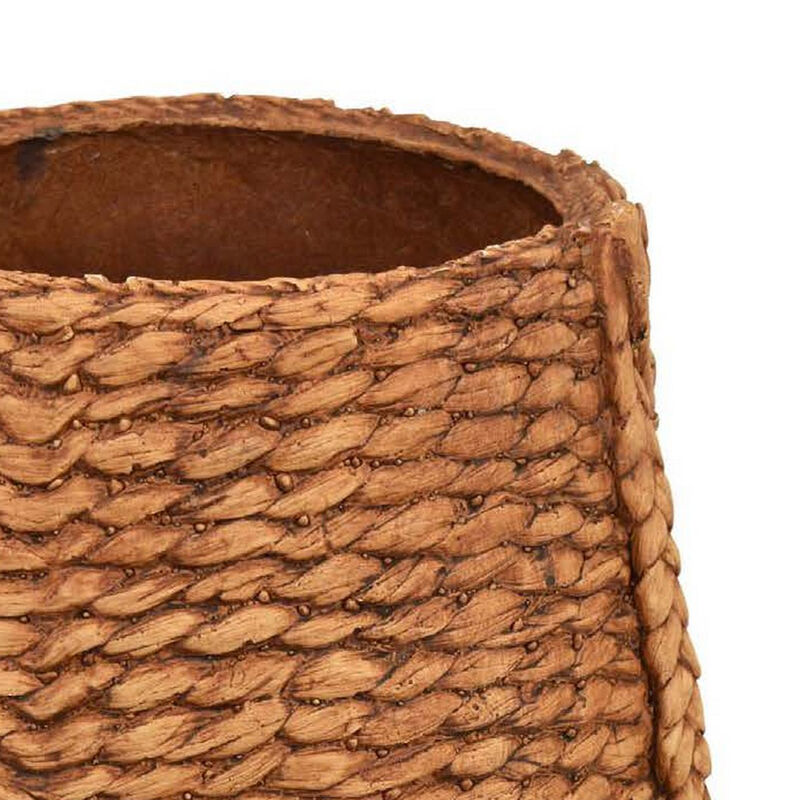 Reno 15 Inch Planter, Rope Woven Design, White and Brown Finished Resin - Benzara